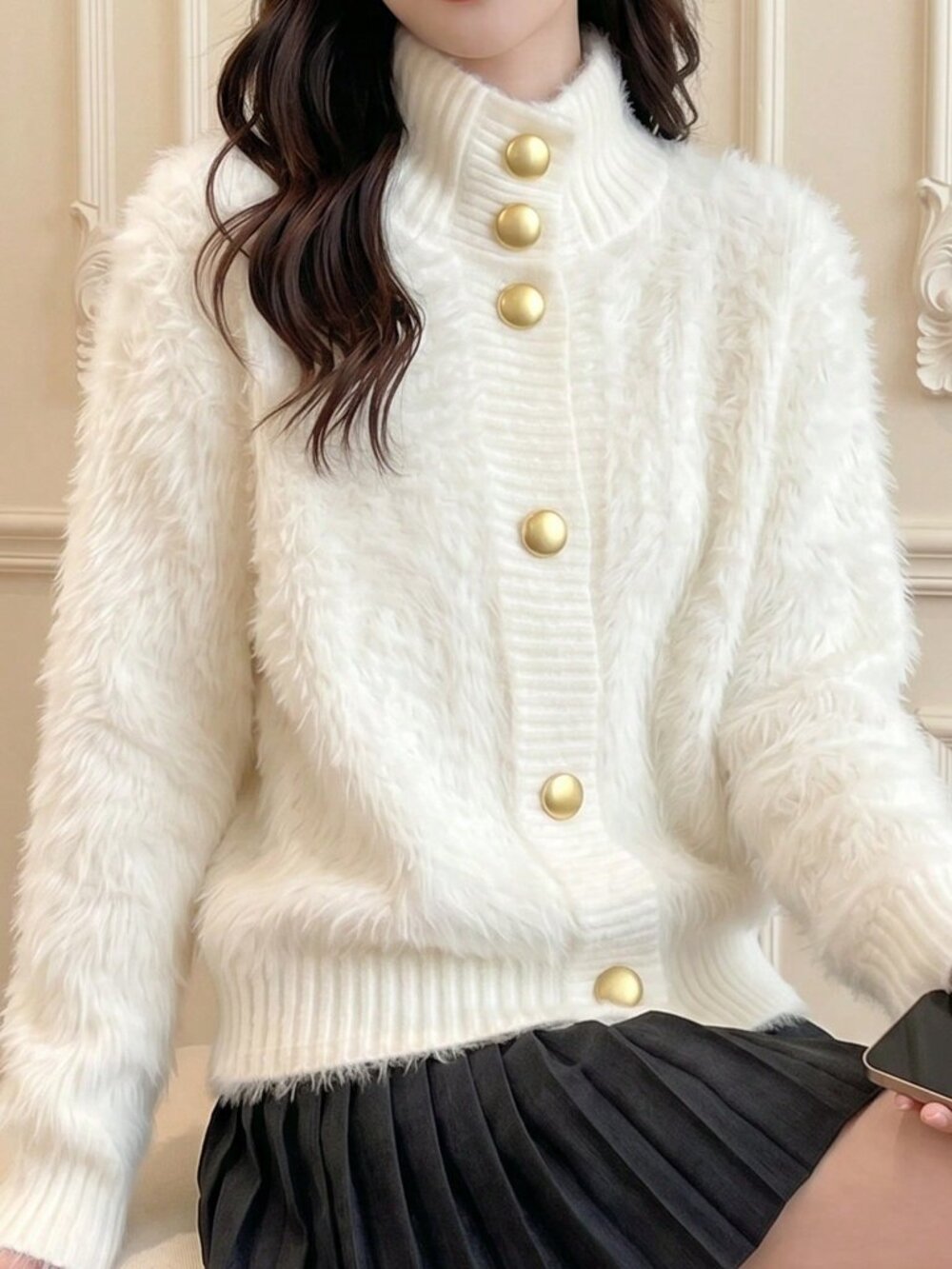 White Casual Women's Loose Drop Shoulder Round Neck Cardigan